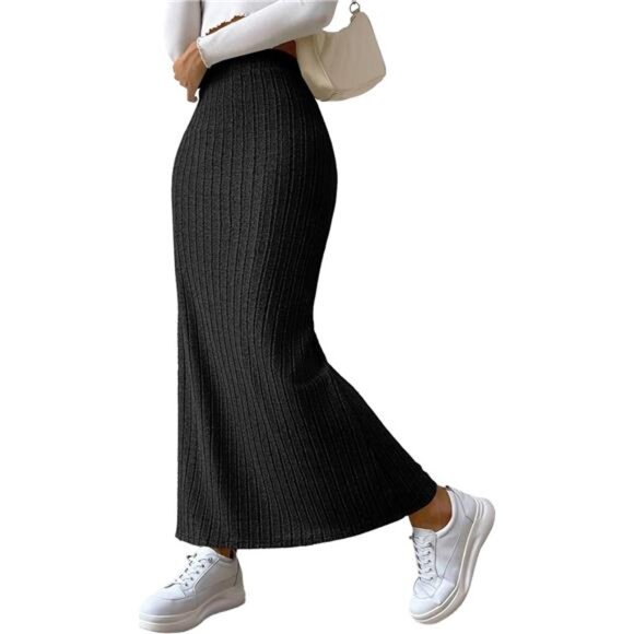 Women's Side Slit Ribbed Knit Bodycon Long Skirts Black - Picture 1 of 5